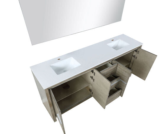 Lexora Lafarre 80" Rustic Acacia Double Bathroom Vanity, White Quartz Top, White Square Sinks, and 70" Frameless Mirror - Lexora - Ambient Home