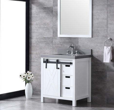 Lexora Marsyas 30" - White Single Bathroom Vanity (Options: Grey Quartz Top, White Square Sink and 28" Mirror w/ Faucet) - Lexora - Ambient Home