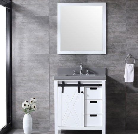 Lexora Marsyas 30" - White Single Bathroom Vanity (Options: Grey Quartz Top, White Square Sink and 28" Mirror w/ Faucet) - Lexora - Ambient Home