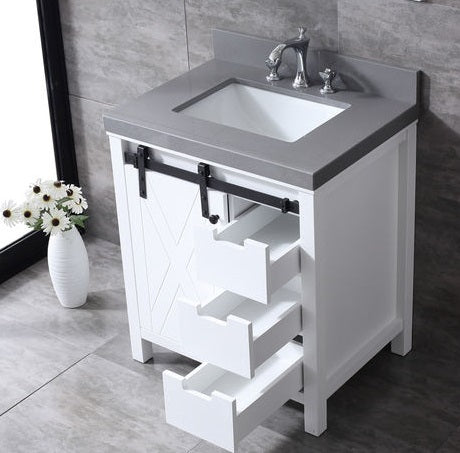 Lexora Marsyas 30" - White Single Bathroom Vanity (Options: Grey Quartz Top, White Square Sink and 28" Mirror w/ Faucet) - Lexora - Ambient Home