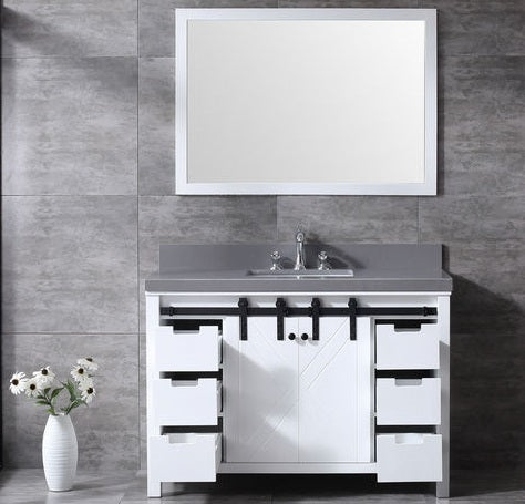 Lexora Marsyas 48" - White Single Bathroom Vanity (Options: Grey Quartz Top, White Square Sink and 44" Mirror w/ Faucet) - Lexora - Ambient Home