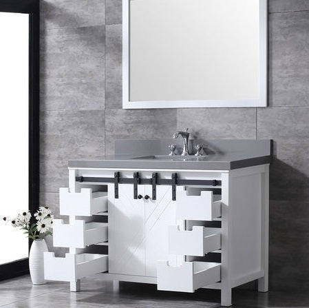 Lexora Marsyas 48" - White Single Bathroom Vanity (Options: Grey Quartz Top, White Square Sink and 44" Mirror w/ Faucet) - Lexora - Ambient Home