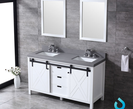 Lexora Marsyas 60" - White Double Bathroom Vanity (Options: Grey Quartz Top, White Square Sinks and 24" Mirrors w/ Faucets) - Lexora - Ambient Home