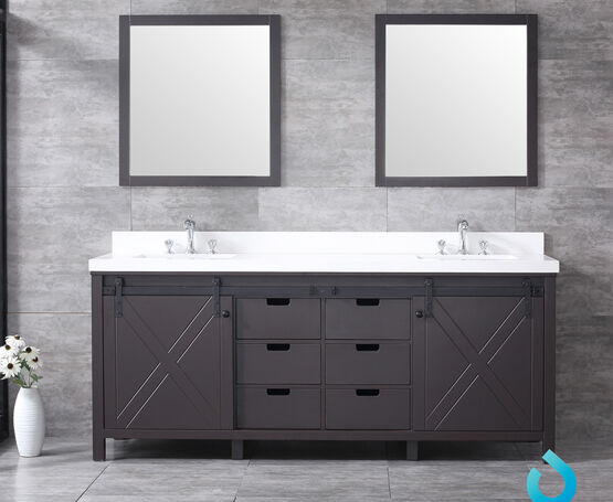 Lexora Marsyas 80" - Brown Double Bathroom Vanity (Options: White Quartz Top, White Square Sinks and 30" Mirrors w/ Faucets) - Lexora - Ambient Home