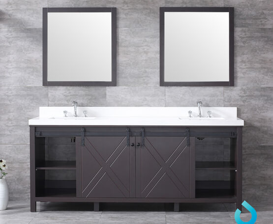 Lexora Marsyas 80" - Brown Double Bathroom Vanity (Options: White Quartz Top, White Square Sinks and 30" Mirrors w/ Faucets) - Lexora - Ambient Home