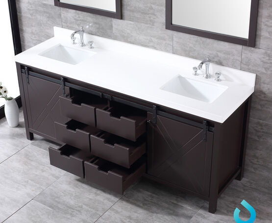 Lexora Marsyas 80" - Brown Double Bathroom Vanity (Options: White Quartz Top, White Square Sinks and 30" Mirrors w/ Faucets) - Lexora - Ambient Home