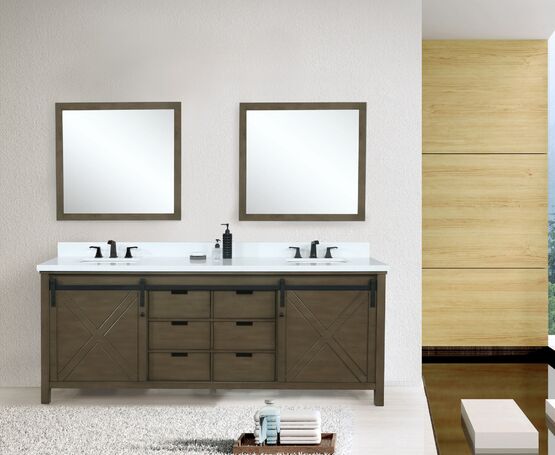 Lexora Marsyas 80" - Rustic Brown Double Bathroom Vanity (Options: White Quartz Top, White Square Sinks and 30" Mirrors w/ Faucets) - Lexora - Ambient Home