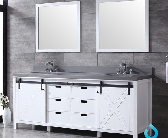 Lexora Marsyas 84" - White Double Bathroom Vanity (Options: Grey Quartz Top, White Square Sinks and 34" Mirrors w/ Faucets) - Lexora - Ambient Home