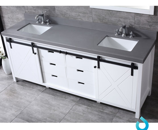 Lexora Marsyas 84" - White Double Bathroom Vanity (Options: Grey Quartz Top, White Square Sinks and 34" Mirrors w/ Faucets) - Lexora - Ambient Home