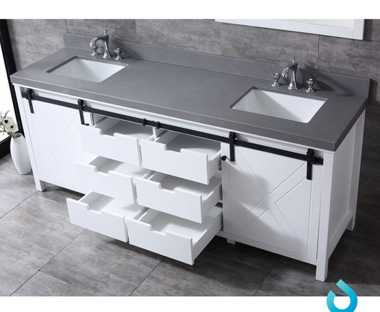 Lexora Marsyas 84" - White Double Bathroom Vanity (Options: Grey Quartz Top, White Square Sinks and 34" Mirrors w/ Faucets) - Lexora - Ambient Home