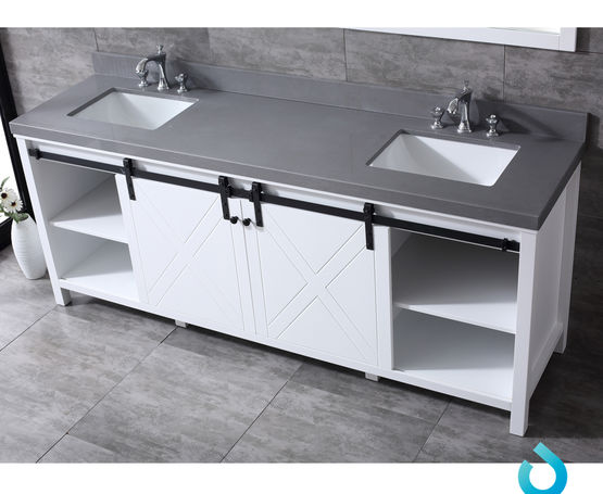 Lexora Marsyas 84" - White Double Bathroom Vanity (Options: Grey Quartz Top, White Square Sinks and 34" Mirrors w/ Faucets) - Lexora - Ambient Home