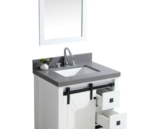 Lexora Marsyas Veluti 30" - White Single Bathroom Vanity (Options: Grey Quartz Top, White Square Sink and 28" Mirror w/ Faucet) - Lexora - Ambient Home