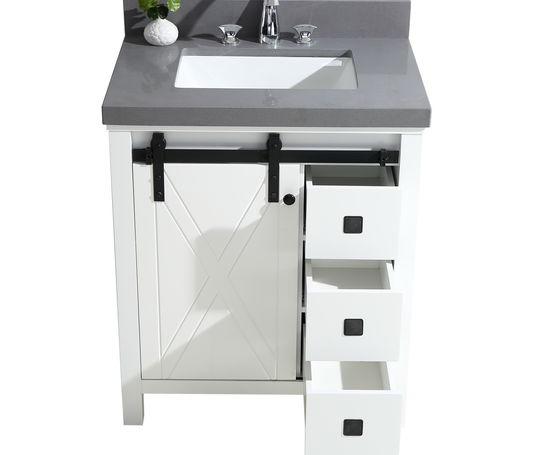 Lexora Marsyas Veluti 30" - White Single Bathroom Vanity (Options: Grey Quartz Top, White Square Sink and 28" Mirror w/ Faucet) - Lexora - Ambient Home