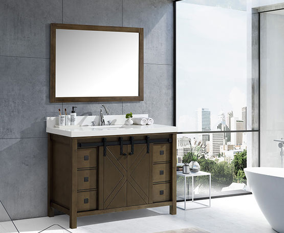 Lexora Marsyas Veluti 48" - Rustic Brown Single Bathroom Vanity (Options: White Quartz Top, White Square Sink and 44" Mirror w/ Faucet) - Lexora - Ambient Home