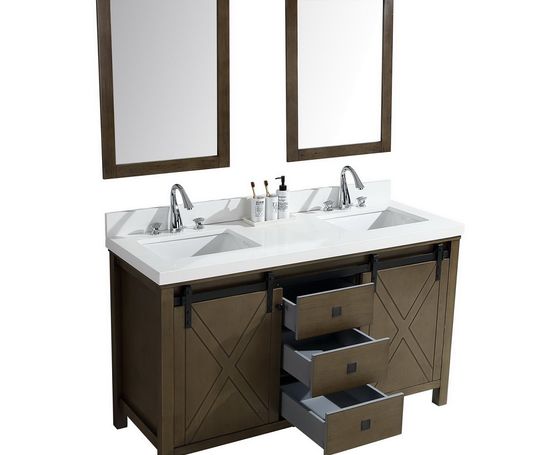 Lexora Marsyas Veluti 60" - Rustic Brown Double Bathroom Vanity (Options: White Quartz Top, White Square Sinks and 24" Mirrors w/ Faucets) - Lexora - Ambient Home