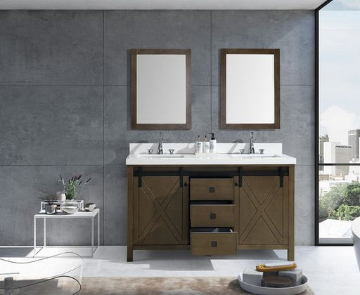Lexora Marsyas Veluti 60" - Rustic Brown Double Bathroom Vanity (Options: White Quartz Top, White Square Sinks and 24" Mirrors w/ Faucets) - Lexora - Ambient Home