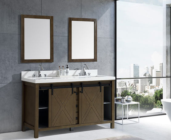 Lexora Marsyas Veluti 60" - Rustic Brown Double Bathroom Vanity (Options: White Quartz Top, White Square Sinks and 24" Mirrors w/ Faucets) - Lexora - Ambient Home