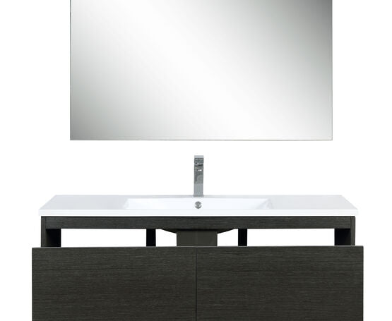 Lexora Sant 48" Iron Charcoal Bathroom Vanity, Acrylic Composite Top with Integrated Sink, Labaro Brushed Nickel Faucet Set, and 43" Frameless Mirror - Lexora - Ambient Home