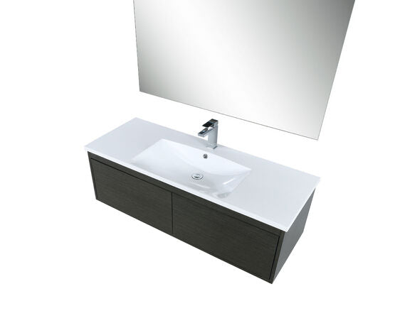 Lexora Sant 48" Iron Charcoal Bathroom Vanity, Acrylic Composite Top with Integrated Sink, Labaro Brushed Nickel Faucet Set, and 43" Frameless Mirror - Lexora - Ambient Home