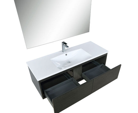 Lexora Sant 48" Iron Charcoal Bathroom Vanity, Acrylic Composite Top with Integrated Sink, Monte Chrome Faucet Set, and 43" Frameless Mirror - Lexora - Ambient Home