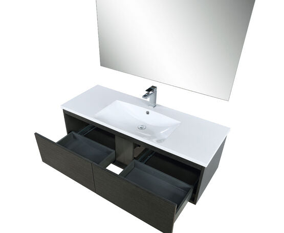 Lexora Sant 48" Iron Charcoal Bathroom Vanity, Acrylic Composite Top with Integrated Sink, Balzani Gun Metal Faucet Set, and 43" Frameless Mirror - Lexora - Ambient Home