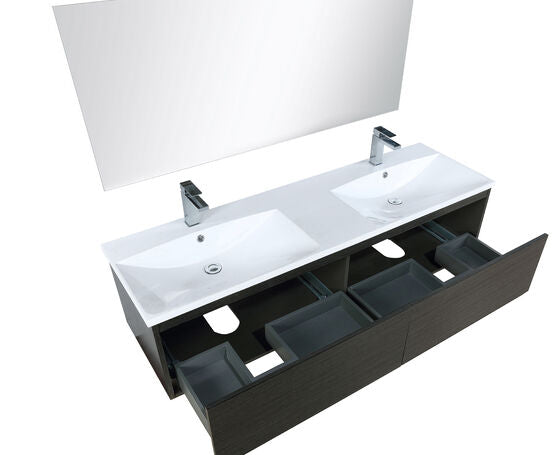 Lexora Sant 60" Iron Charcoal Double Bathroom Vanity, Acrylic Composite Top with Integrated Sinks, Labaro Brushed Nickel Faucet Set, and 55" Frameless Mirror - Lexora - Ambient Home