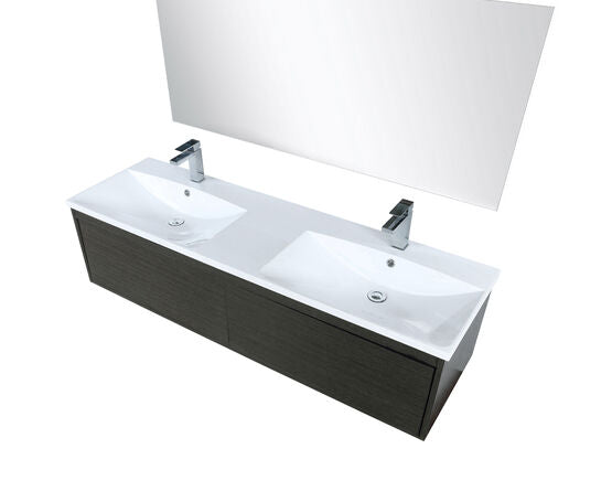 Lexora Sant 60" Iron Charcoal Double Bathroom Vanity, Acrylic Composite Top with Integrated Sinks, Labaro Brushed Nickel Faucet Set, and 55" Frameless Mirror - Lexora - Ambient Home