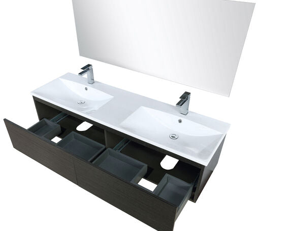 Lexora Sant 60" Iron Charcoal Double Bathroom Vanity, Acrylic Composite Top with Integrated Sinks, Labaro Brushed Nickel Faucet Set, and 55" Frameless Mirror - Lexora - Ambient Home