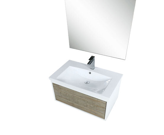 Lexora Scopi 30" Rustic Acacia Bathroom Vanity, Acrylic Composite Top with Integrated Sink, Labaro Brushed Nickel Faucet Set, and 28" Frameless Mirror - Lexora - Ambient Home
