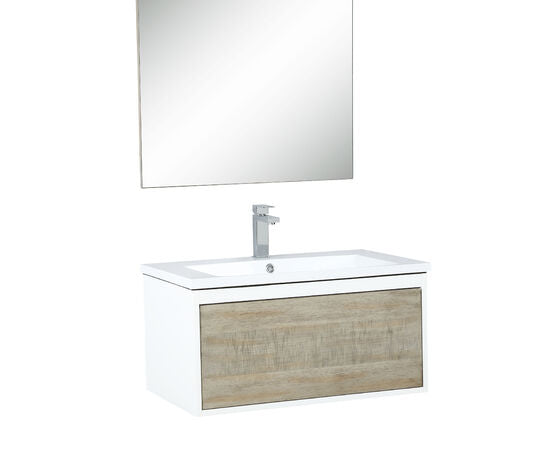 Lexora Scopi 30" Rustic Acacia Bathroom Vanity, Acrylic Composite Top with Integrated Sink, Labaro Brushed Nickel Faucet Set, and 28" Frameless Mirror - Lexora - Ambient Home