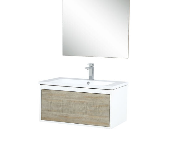 Lexora Scopi 30" Rustic Acacia Bathroom Vanity, Acrylic Composite Top with Integrated Sink, Balzani Gun Metal Faucet Set, and 28" Frameless Mirror - Lexora - Ambient Home