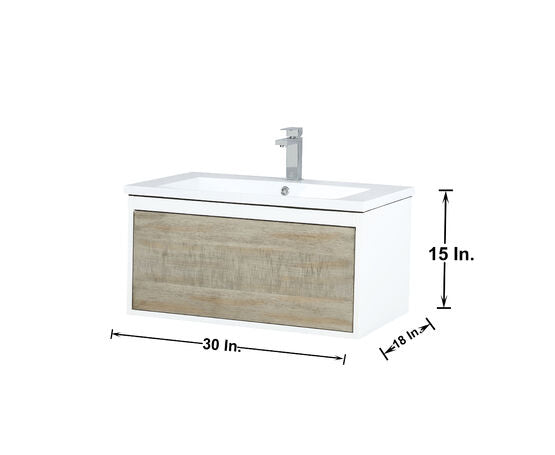 Lexora Scopi 30" Rustic Acacia Bathroom Vanity, Acrylic Composite Top with Integrated Sink, Balzani Gun Metal Faucet Set, and 28" Frameless Mirror - Lexora - Ambient Home