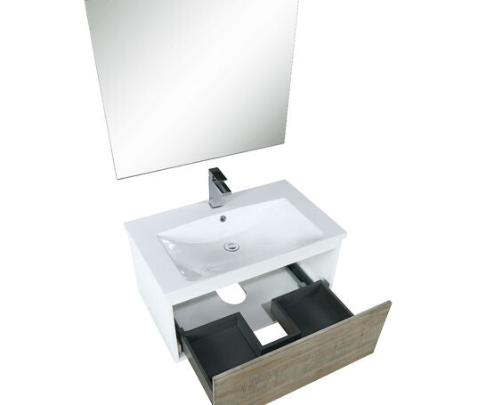 Lexora Scopi 30" Rustic Acacia Bathroom Vanity, Acrylic Composite Top with Integrated Sink, Balzani Gun Metal Faucet Set, and 28" Frameless Mirror - Lexora - Ambient Home