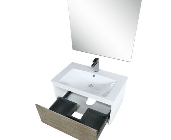 Lexora Scopi 30" Rustic Acacia Bathroom Vanity, Acrylic Composite Top with Integrated Sink, Balzani Gun Metal Faucet Set, and 28" Frameless Mirror - Lexora - Ambient Home