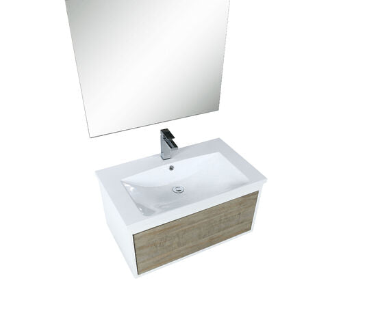 Lexora Scopi 30" Rustic Acacia Bathroom Vanity, Acrylic Composite Top with Integrated Sink, Labaro Rose Gold Faucet Set, and 28" Frameless Mirror - Lexora - Ambient Home