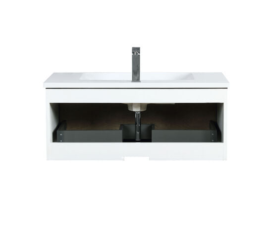 Lexora Scopi 36" Rustic Acacia Bathroom Vanity, Acrylic Composite Top with Integrated Sink, Labaro Brushed Nickel Faucet Set, and 28" Frameless Mirror - Lexora - Ambient Home