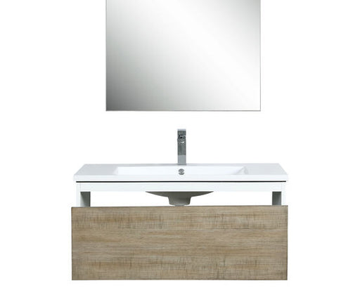 Lexora Scopi 36" Rustic Acacia Bathroom Vanity, Acrylic Composite Top with Integrated Sink, Labaro Brushed Nickel Faucet Set, and 28" Frameless Mirror - Lexora - Ambient Home