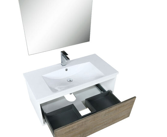 Lexora Scopi 36" Rustic Acacia Bathroom Vanity, Acrylic Composite Top with Integrated Sink, Monte Chrome Faucet Set, and 28" Frameless Mirror - Lexora - Ambient Home
