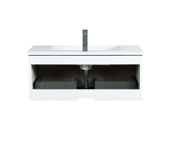 Lexora Scopi 36" Rustic Acacia Bathroom Vanity, Acrylic Composite Top with Integrated Sink, Balzani Gun Metal Faucet Set, and 28" Frameless Mirror - Lexora - Ambient Home