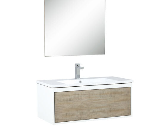 Lexora Scopi 36" Rustic Acacia Bathroom Vanity, Acrylic Composite Top with Integrated Sink, Balzani Gun Metal Faucet Set, and 28" Frameless Mirror - Lexora - Ambient Home