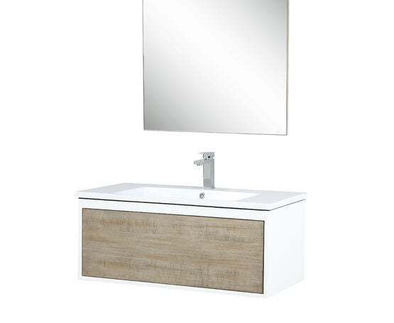 Lexora Scopi 36" Rustic Acacia Bathroom Vanity, Acrylic Composite Top with Integrated Sink, Labaro Rose Gold Faucet Set, and 28" Frameless Mirror - Lexora - Ambient Home