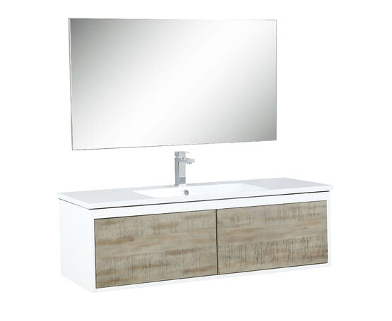 Lexora Scopi 48" Rustic Acacia Bathroom Vanity, Acrylic Composite Top with Integrated Sink, Labaro Brushed Nickel Faucet Set, and 43" Frameless Mirror - Lexora - Ambient Home