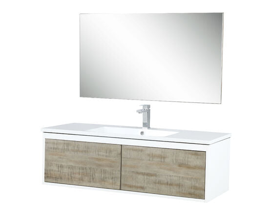 Lexora Scopi 48" Rustic Acacia Bathroom Vanity, Acrylic Composite Top with Integrated Sink, Labaro Rose Gold Faucet Set, and 43" Frameless Mirror - Lexora - Ambient Home