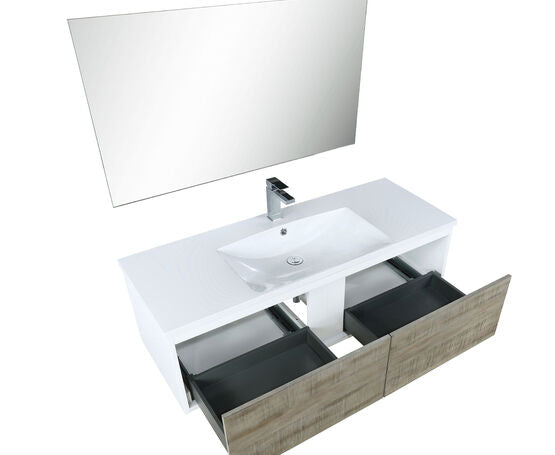 Lexora Scopi 48" Rustic Acacia Bathroom Vanity, Acrylic Composite Top with Integrated Sink, Labaro Rose Gold Faucet Set, and 43" Frameless Mirror - Lexora - Ambient Home