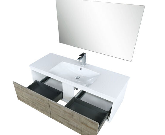 Lexora Scopi 48" Rustic Acacia Bathroom Vanity, Acrylic Composite Top with Integrated Sink, Labaro Rose Gold Faucet Set, and 43" Frameless Mirror - Lexora - Ambient Home