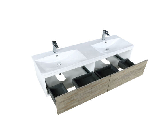 Lexora Scopi 60" Rustic Acacia Double Bathroom Vanity, Acrylic Composite Top with Integrated Sinks, and Labaro Brushed Nickel Faucet Set - Lexora - Ambient Home