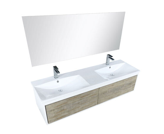 Lexora Scopi 60" Rustic Acacia Double Bathroom Vanity, Acrylic Composite Top with Integrated Sinks, Labaro Brushed Nickel Faucet Set, and 55" Frameless Mirror - Lexora - Ambient Home