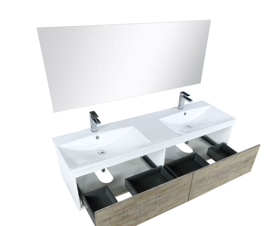 Lexora Scopi 60" Rustic Acacia Double Bathroom Vanity, Acrylic Composite Top with Integrated Sinks, Labaro Brushed Nickel Faucet Set, and 55" Frameless Mirror - Lexora - Ambient Home