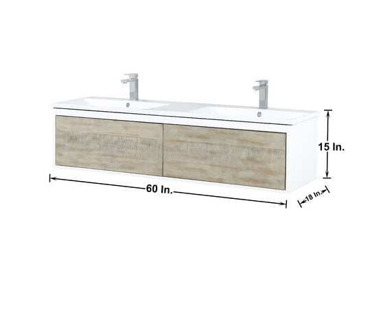 Lexora Scopi 60" Rustic Acacia Double Bathroom Vanity, Acrylic Composite Top with Integrated Sinks, Monte Chrome Faucet Set, and 55" Frameless Mirror - Lexora - Ambient Home