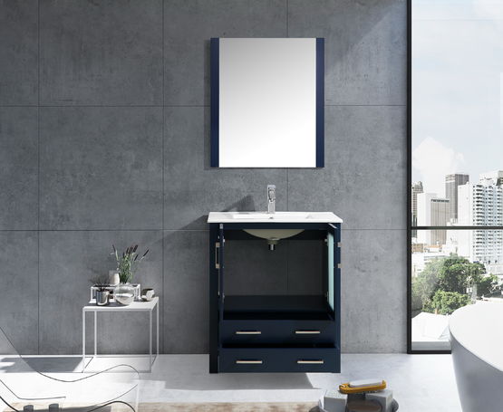Lexora Volez 30" - Navy Blue Single Bathroom Vanity (Options: Integrated Top, White Integrated Square Sink and 28" Mirror w/ Faucet) - Lexora - Ambient Home